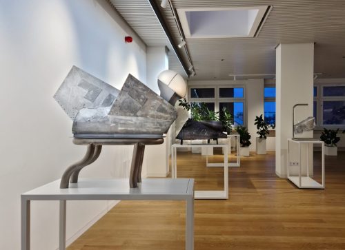 Hybrid figures I, 2025, aluminum, steel, plaster, engraving.