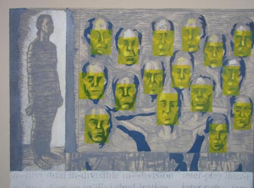 IN-DIVI-DUAL/IN-DIVISIBLE/IN-DIVISIONS/INDIVI-DUAL-ISATION/IN-DIVI-DUATION (fragment), 2009, dry point, linocut.