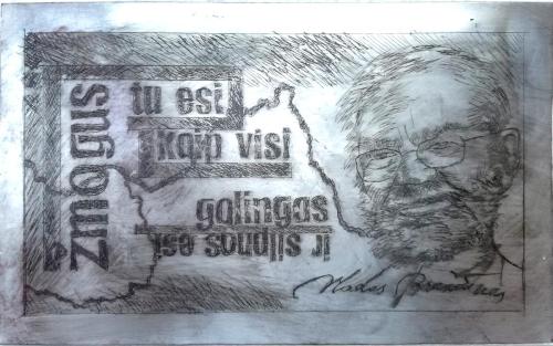 Plaquette for the contemporary poet Vladas Braziūnas, 2018, zinc plaque.Literatų street, Vilnius, Lithuania.