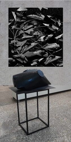 Object with a map I, 2023, aluminum, engraving.